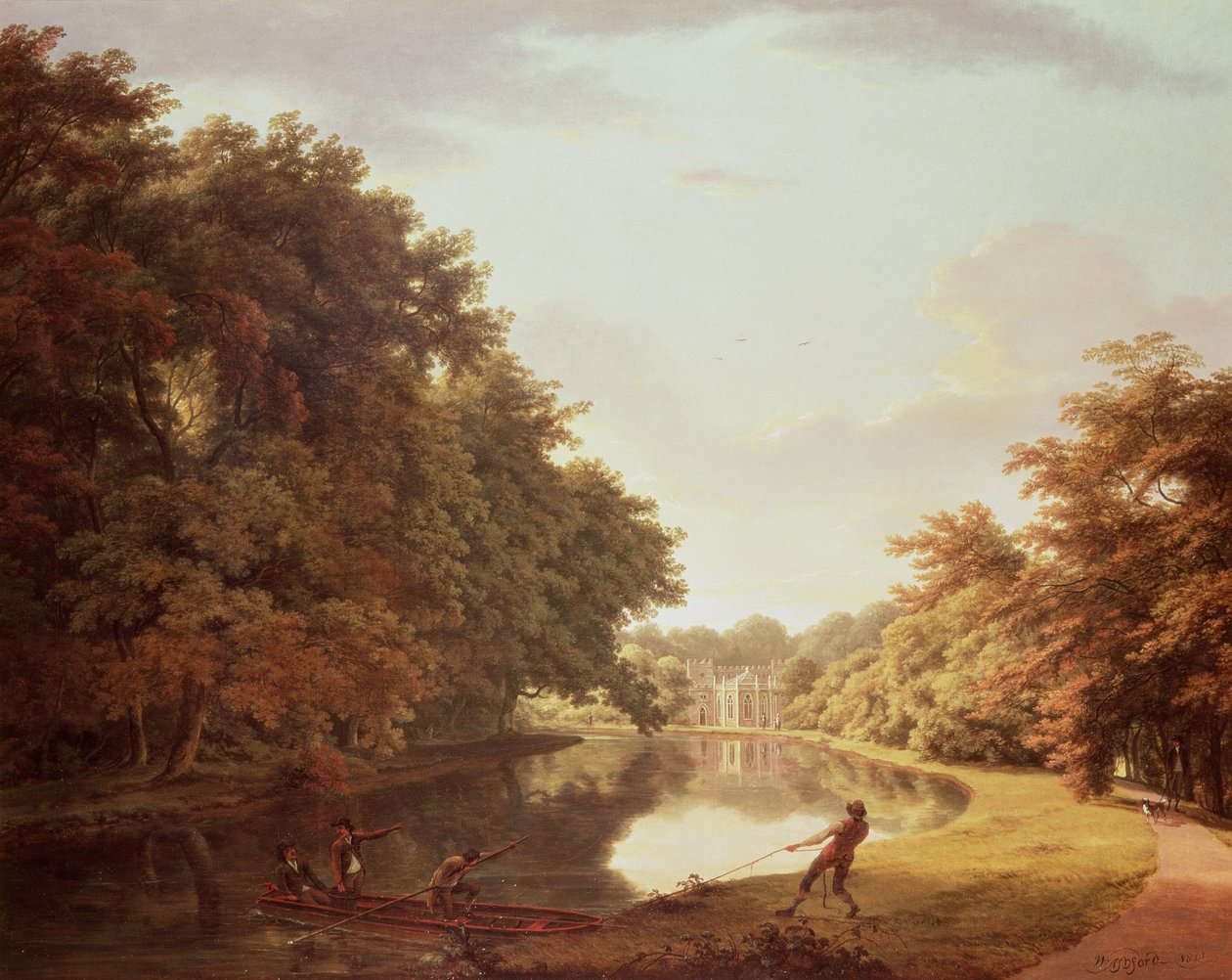 Punt ved elven Clodiagh ved Charleville Forest, Offaly med Castellated Farm og Gothick Dairy bortenfor, ca. 1810 av William Ashford