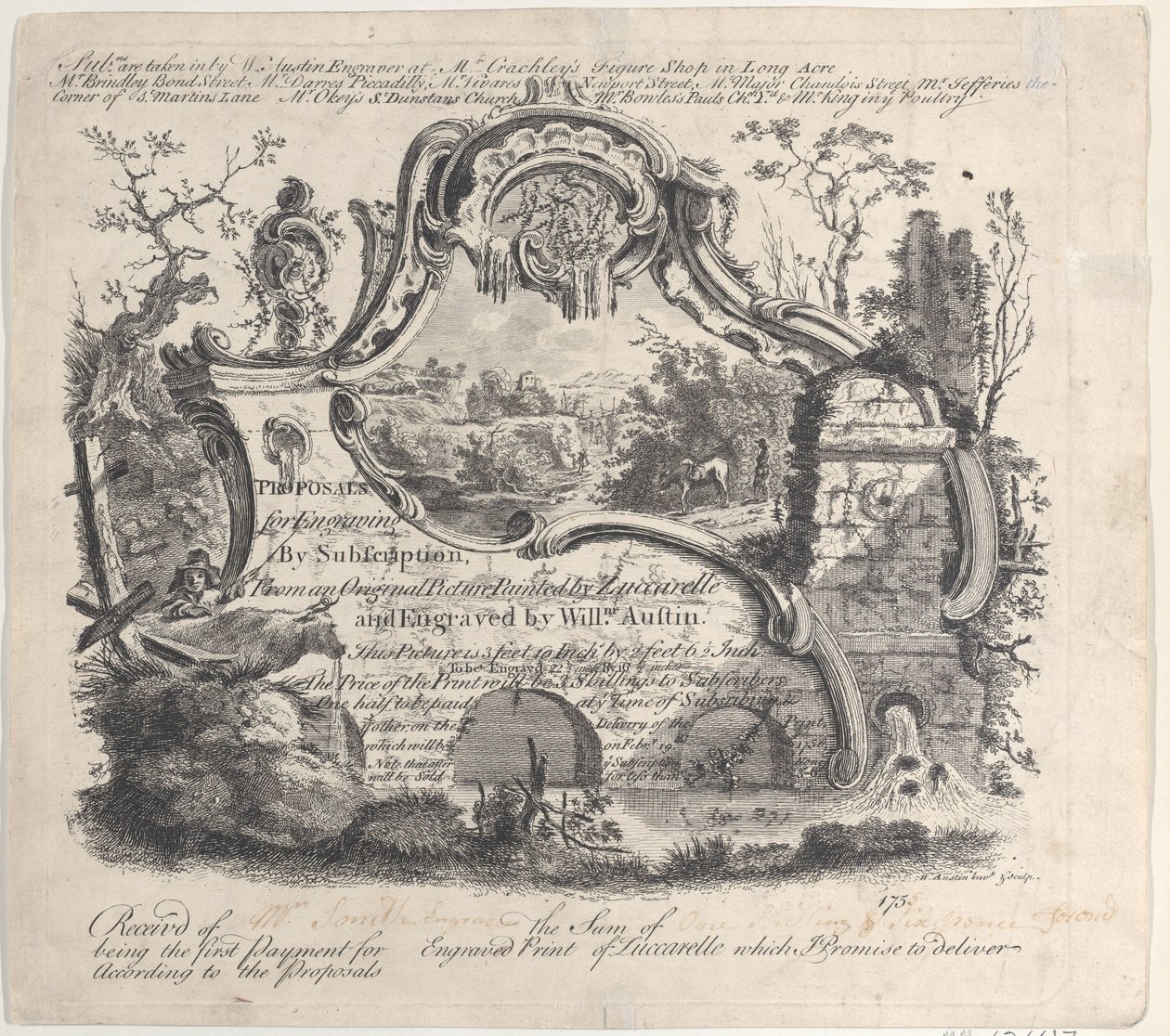 Forslag til gravering ved abonnement fra et originalt bilde malt av Zuccarelle, 1756. av William Austin