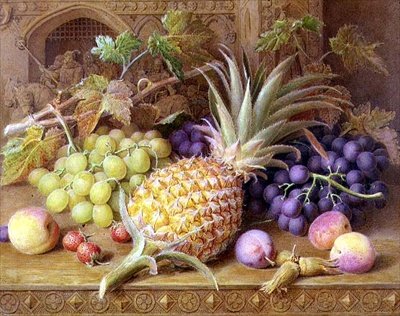 Et stilleben av en ananas, druer, fersken, jordbær og hasselnøtter på en kommode av William B. Hough