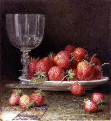 Jordbær og et glass (akvarell) av William B. Hough