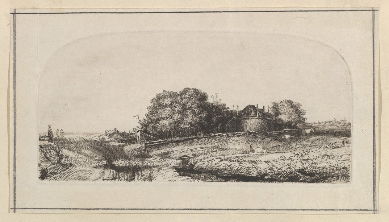 Landskap med en høfjøs og en saueflokk, 1750-1810. av William Baillie