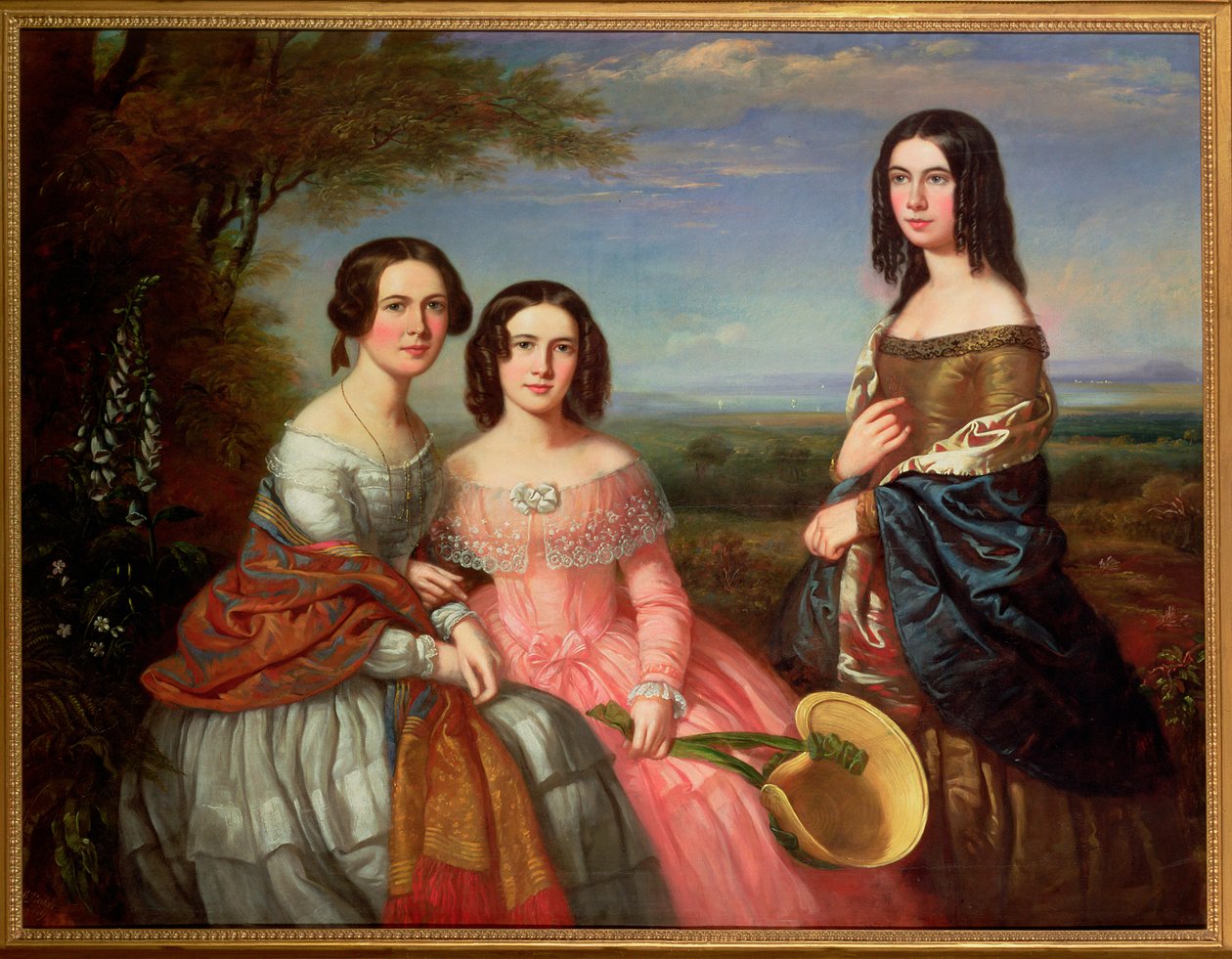 Et gruppeportrett av tre jenter, tre fjerdedels lengde, i et landskap, 1849 av William Baker
