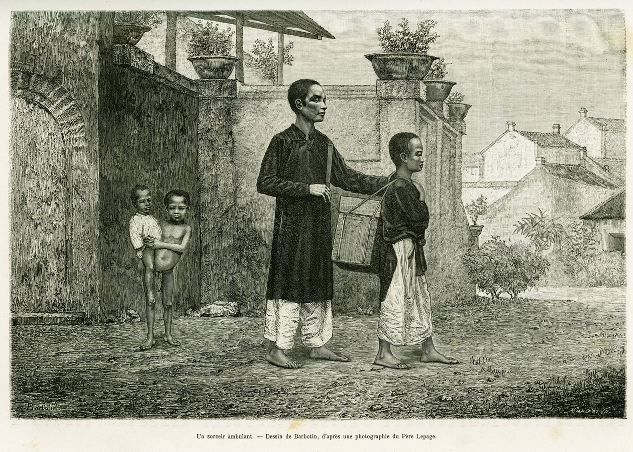 En gående trollmann, en blind massør. Gravering av Barbotin, for å illustrere historien Trente mois au Tonkin, i 1884, av doktor Paul Hocquard, i le tour du monde 1890, under ledelse av Edouard Charton (1807-1890), Hachette, Paris. av William Barbotin