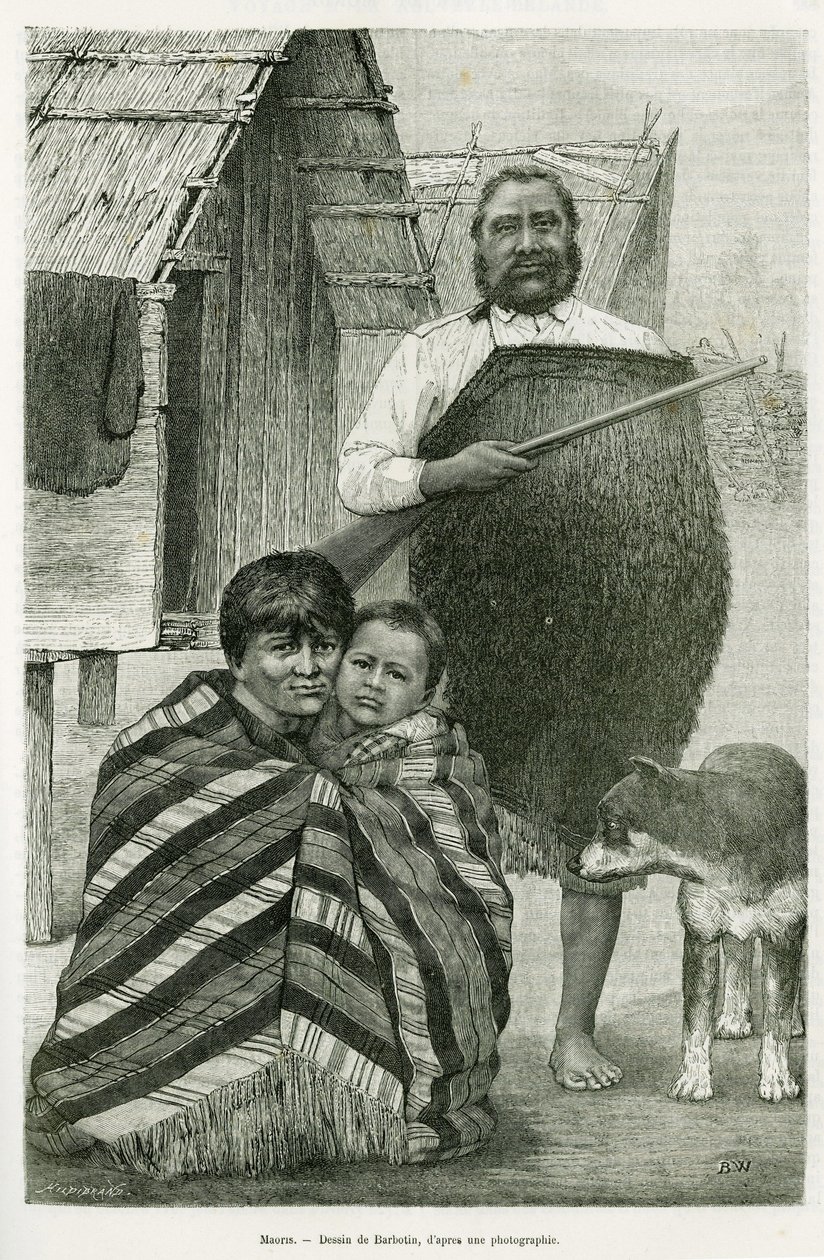 Tre generasjoner maori. Gravering av Barbotin, for å illustrere historien Voyage to New Zealand, i 1889, av G.Verschuur, i The Round the World 1890, regissert av Edouard Charton (1807-1890), Hachette, Paris. av William Barbotin