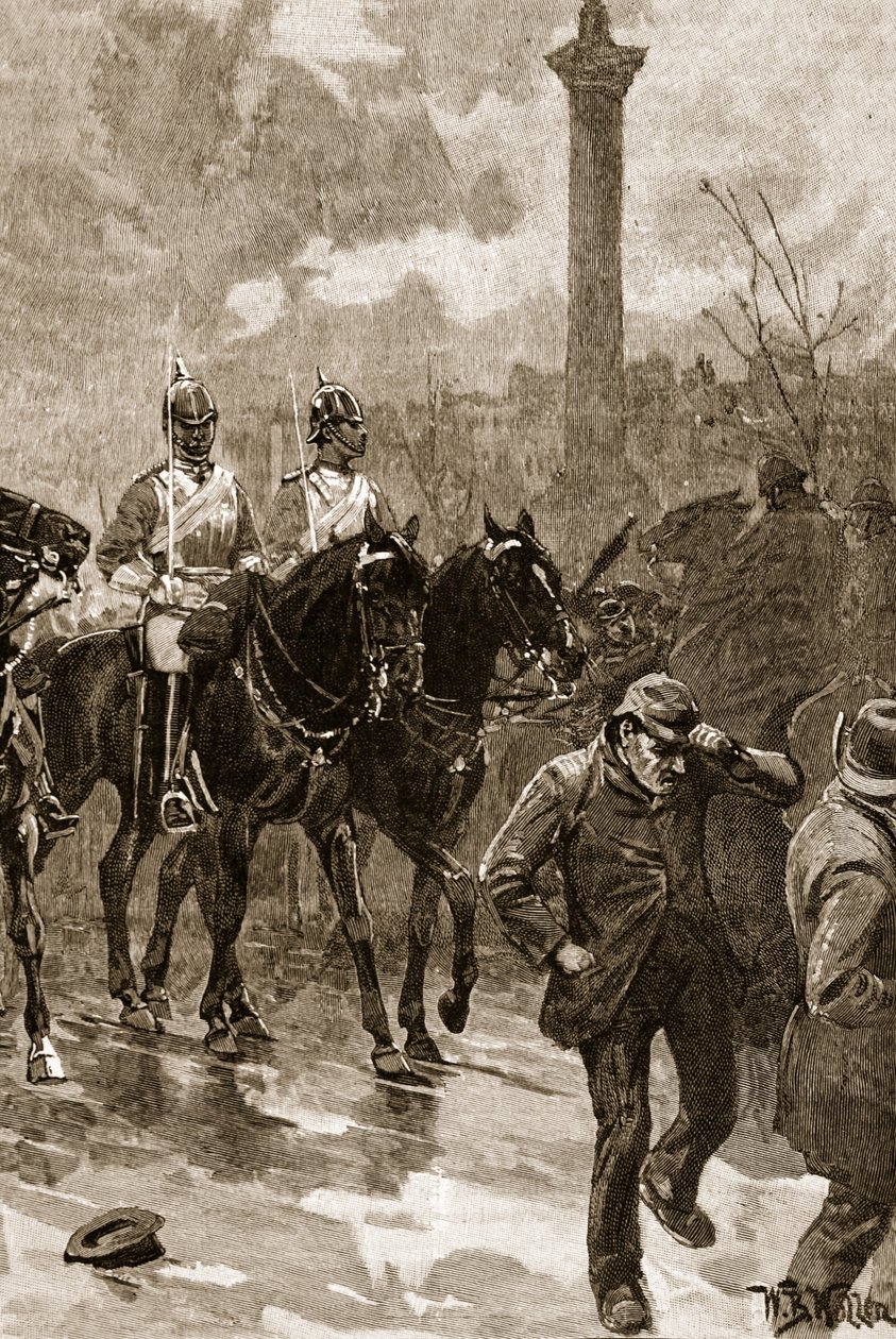 Blodig søndag: Livvaktene holder Trafalgar Square, 1887, illustrasjon fra 'Cassell's Illustrated History of England' (sepiafoto) av William Barnes Wollen