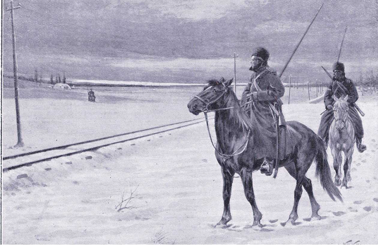 Vokter jernbanen nær Mukden, illustrasjon fra Cassells History of the Russo-Japanese War Vol 1, ca. 1900 av William Barnes Wollen