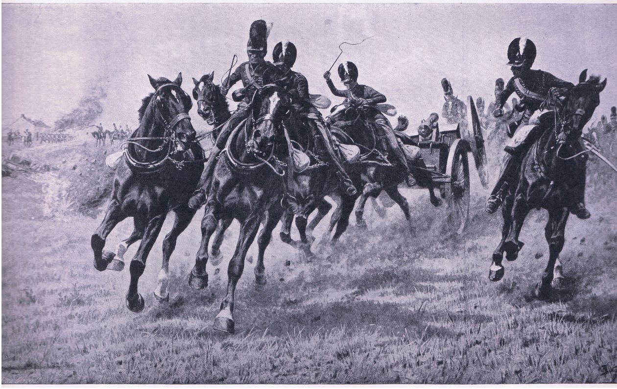 Guns to the front: Waterloo 18. juni 1815, illustrasjon fra British Battles on Land and Sea, 1915 av William Barnes Wollen