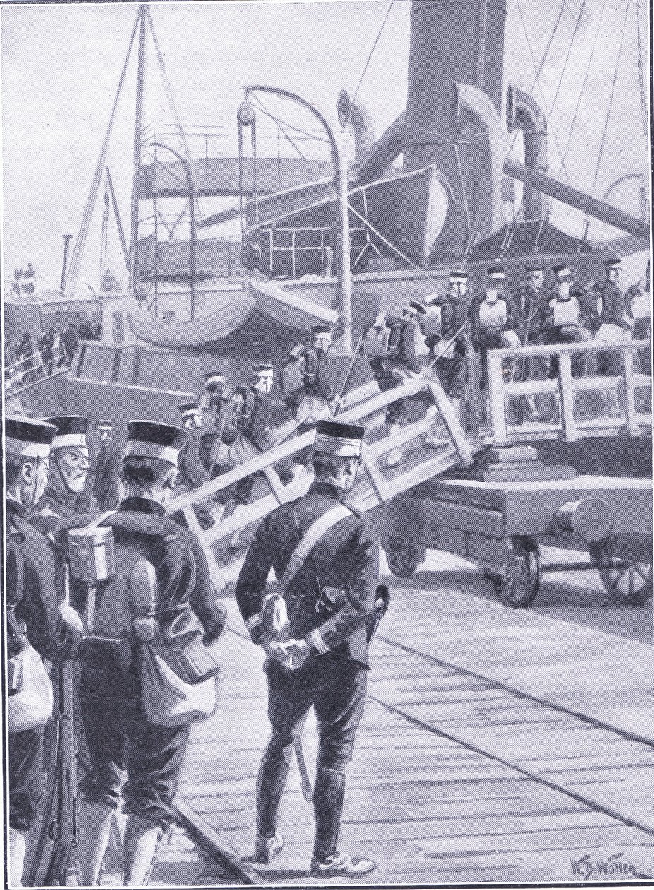 Japanske tropper går om bord på Kobe, illustrasjon fra Cassells History of the Russo-Japanese War Vol 1, ca. 1900 av William Barnes Wollen