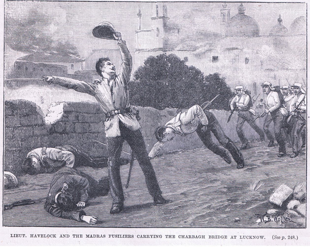 Løytt. Havelock og Madras-fusilierne som bærer Charbagh-broen ved Lucknow 1857 e.Kr av William Barnes Wollen