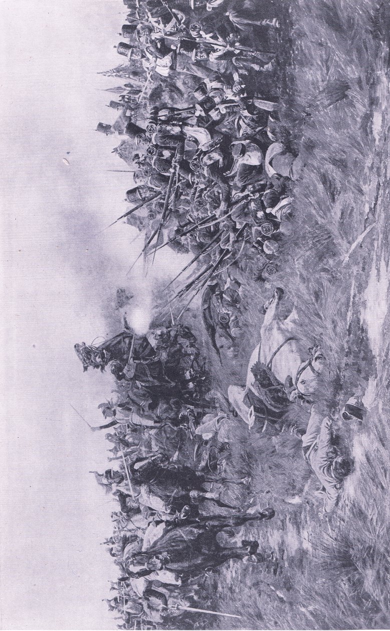 Det 28. Gloucester-regimentet mottok fransk kavaleri ved Waterloo 18. juni 1815, illustrasjon fra British Battles on Land and Sea, 1915 av William Barnes Wollen