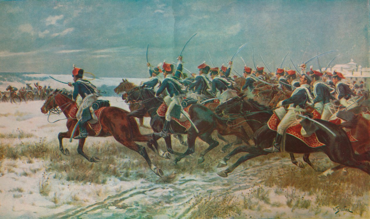 Anklagen mot de 10. husarene ved Benevente Corunna-kampanjen, 1809, c1915 1928 av William Barnes Wollen
