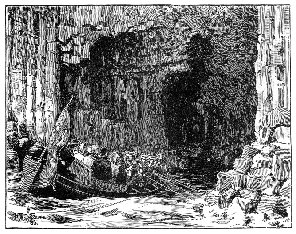 Det kongelige besøk i Fingals-hulen, Staffa, Skottland, 1847, 1900. av William Barnes Wollen