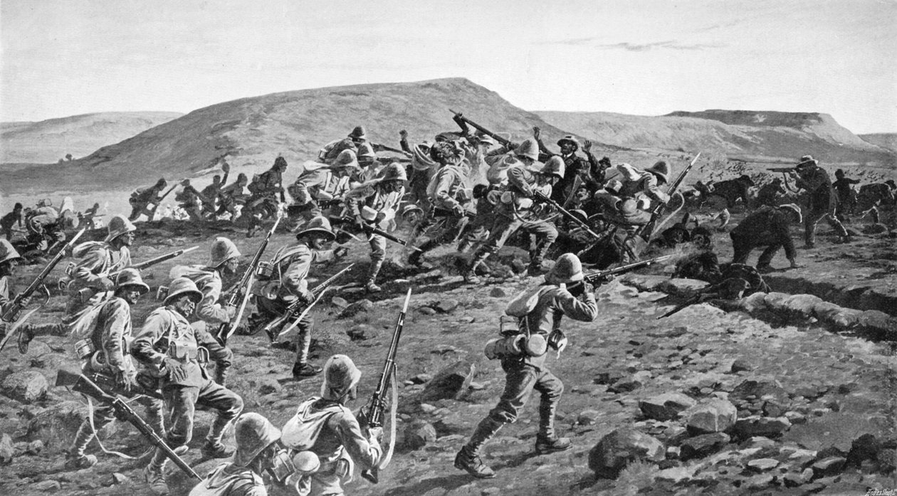 Sør-Lancashires stormer boergravene ved Pieters Hill, Natal, 1900 1903. av William Barnes Wollen