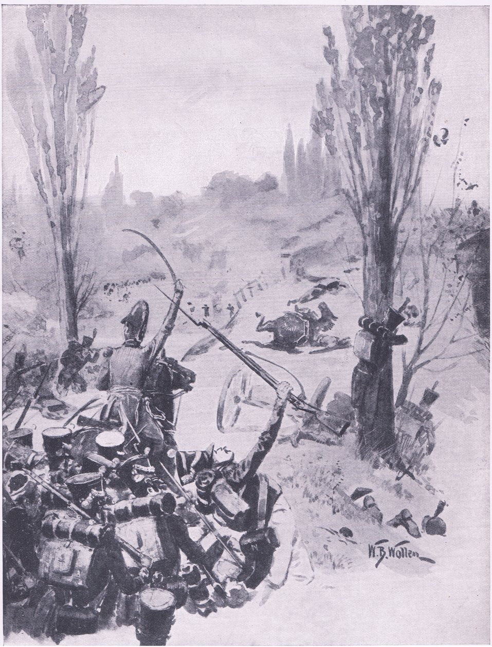 De franske troppenes fremmarsj ved Ligny, 16. juni 1815, illustrasjon fra britiske slag på land og hav, 1915 av William Barnes Wollen