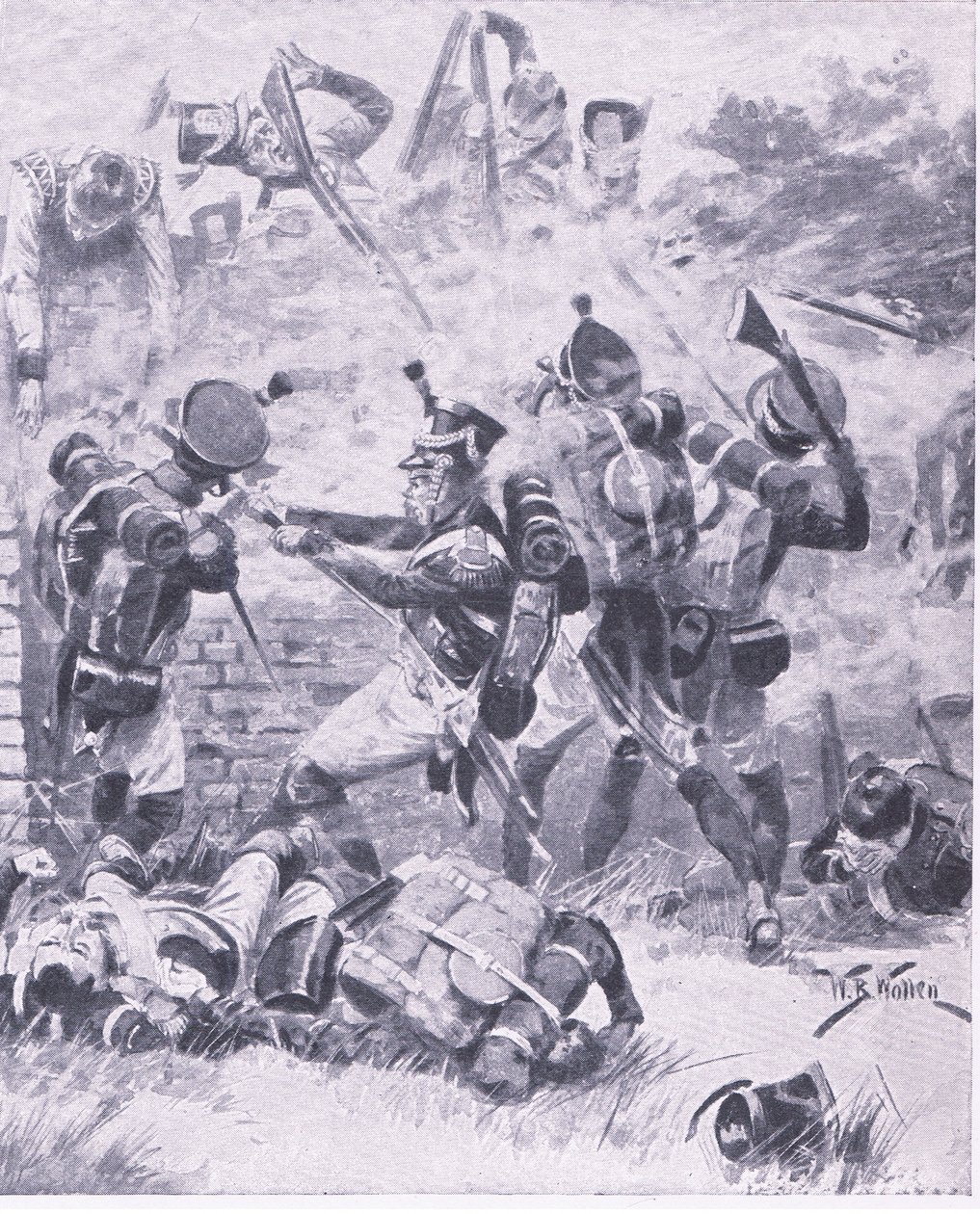 Angrepet på veggen ved Hougomont: Waterloo 1815, illustrasjon fra British Battles on Land and Sea, 1915 av William Barnes Wollen
