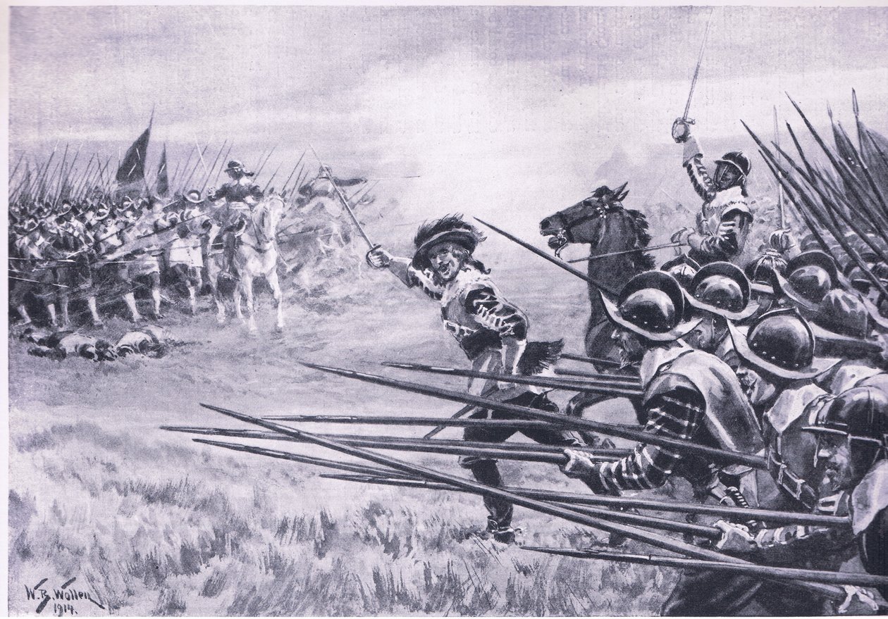 Ansvaret for det royalistiske infanteriet ved Naseby, juni 1645, illustrasjon fra britiske slag på land og sjø, 1915 av William Barnes Wollen