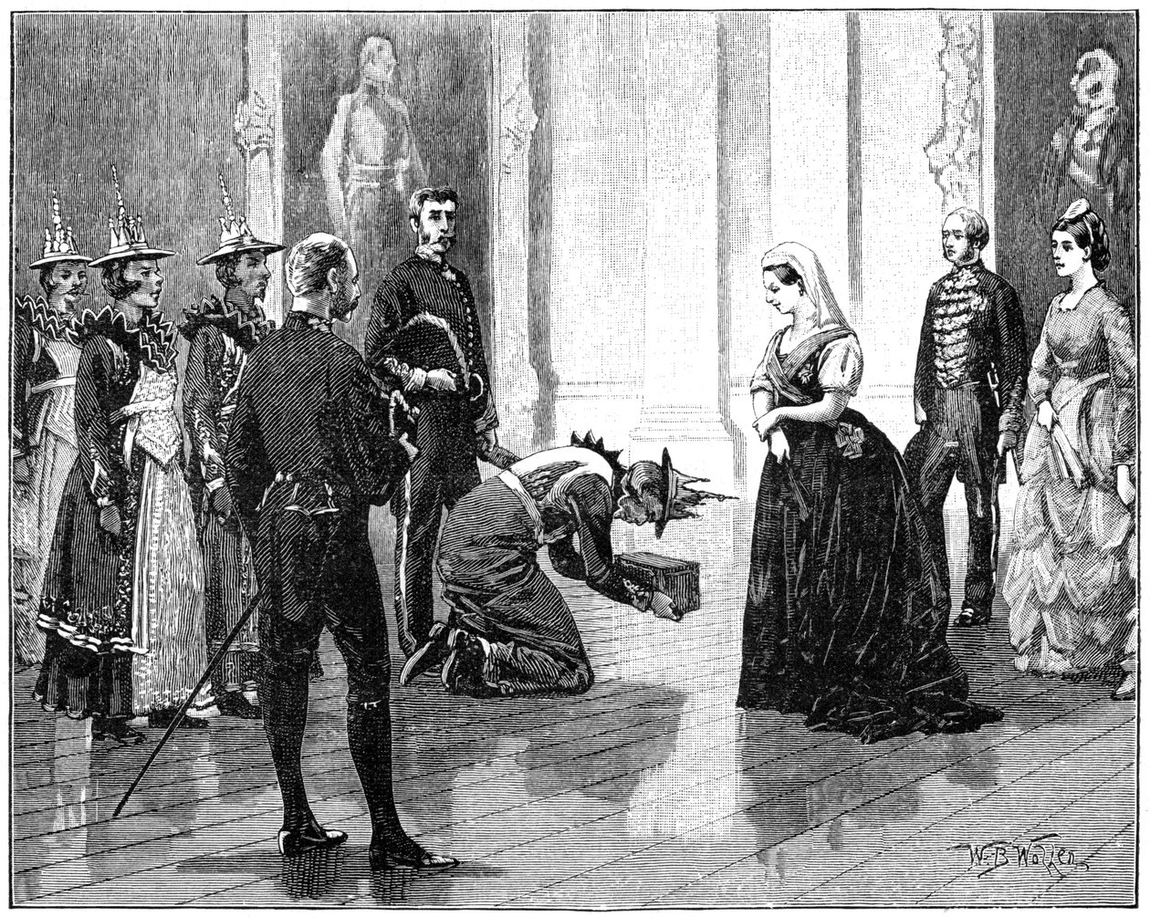 Dronningen mottok den burmesiske ambassaden, midten av slutten av 1800-tallet, 1900. av William Barnes Wollen