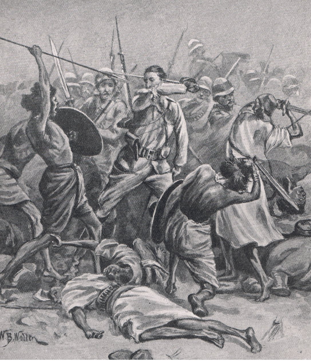 Torget ved Abu-Klea, 17. januar 1885, illustrasjon fra britiske slag på land og hav, 1915 av William Barnes Wollen