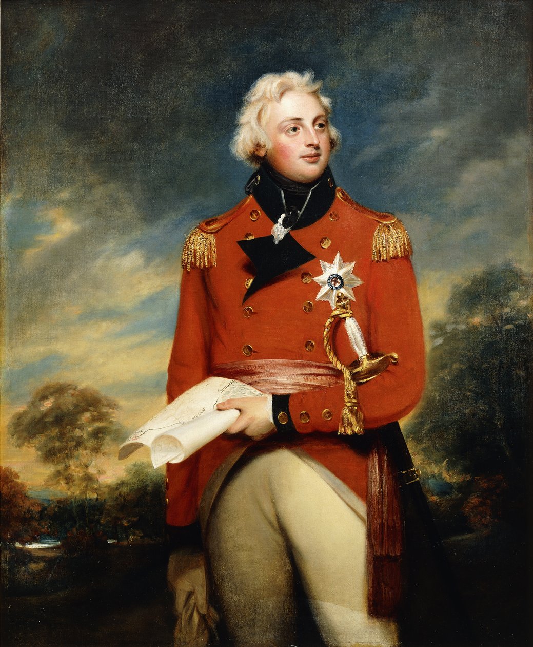 Portrett av William Frederick, 2nd Duke of Gloucester, trekvart lengde, iført uniformen av oberst av de 3. garde og bryststjernen fra Order of the Garter og holder en kampanjeplan, i et skogslandskap, av William Beechey