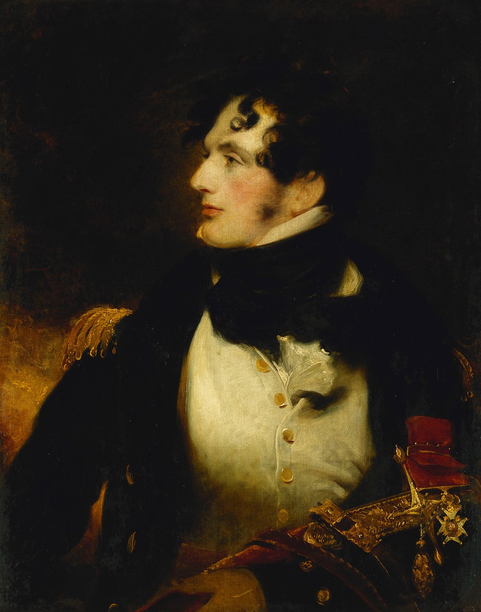 Portrett av en sjøoffiser, halv lengde, i uniform, som bærer et presentasjonssverd og bærer merket til en C.B., av William Beechey