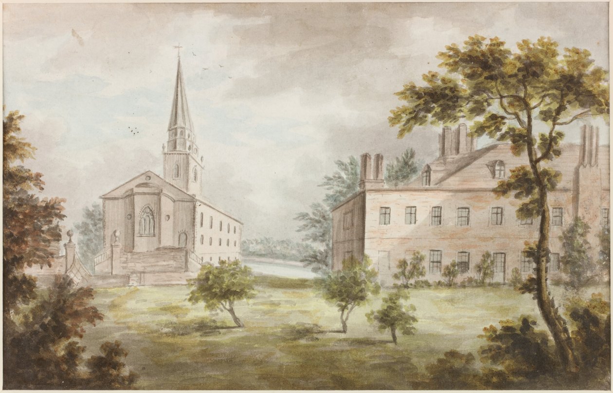 Kirke og hus i landskap (blyant og akvarell på papir) av William Beilby