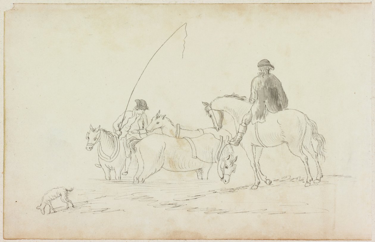 To menn til hest med to hester og hund (blyant og akvarell (vask) på papir (på papir med M751)) av William Beilby