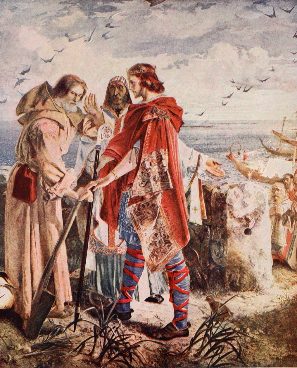Egfrith tilbyr bispedømmet i Hexham til Cuthbert, 678, illustrasjon fra 'Hutchinson's Story of the British Nation', ca. 1920 av William Bell Scott