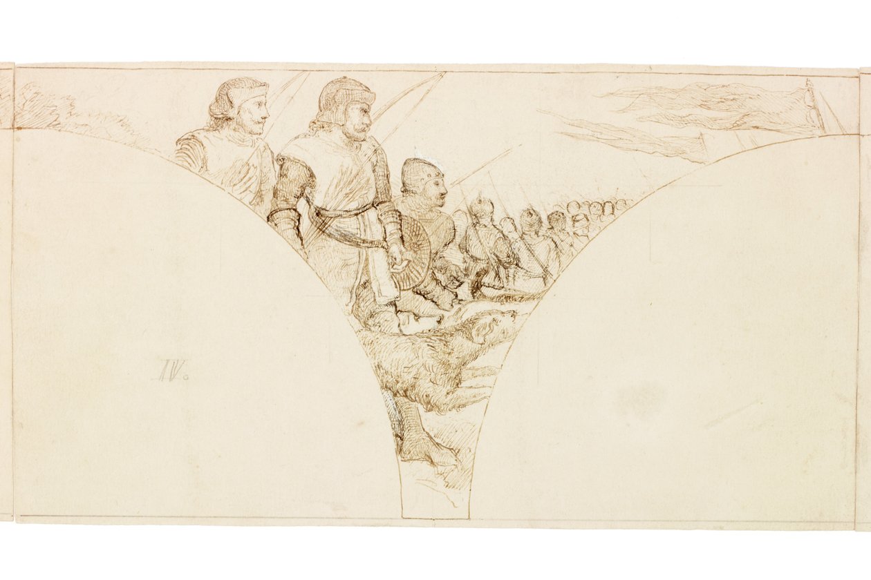 Skisse for veggmaleri i Wallington Hall (blekk og blyant på papir (limt på kort)) av William Bell Scott