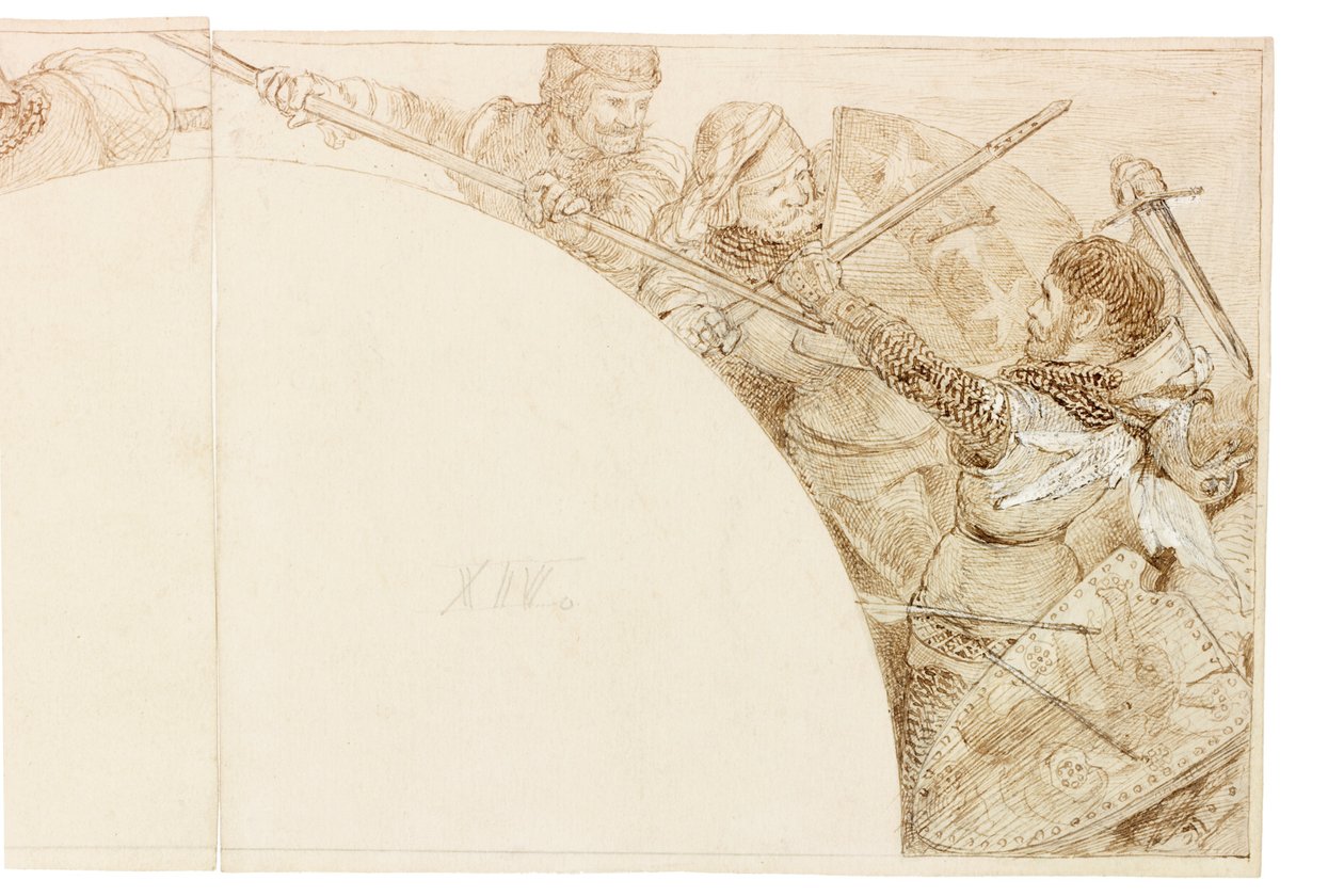Skisse for veggmaleri i Wallington Hall (blekk og blyant på papir (limt på kort)) av William Bell Scott