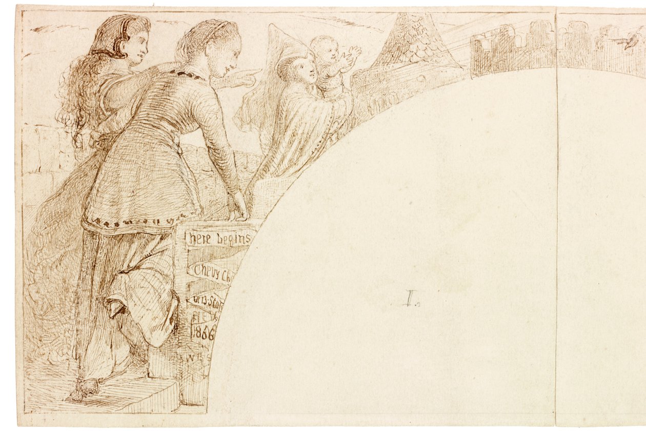 Skisse for veggmaleri i Wallington Hall (blekk og blyant på papir (limt på kort)) av William Bell Scott
