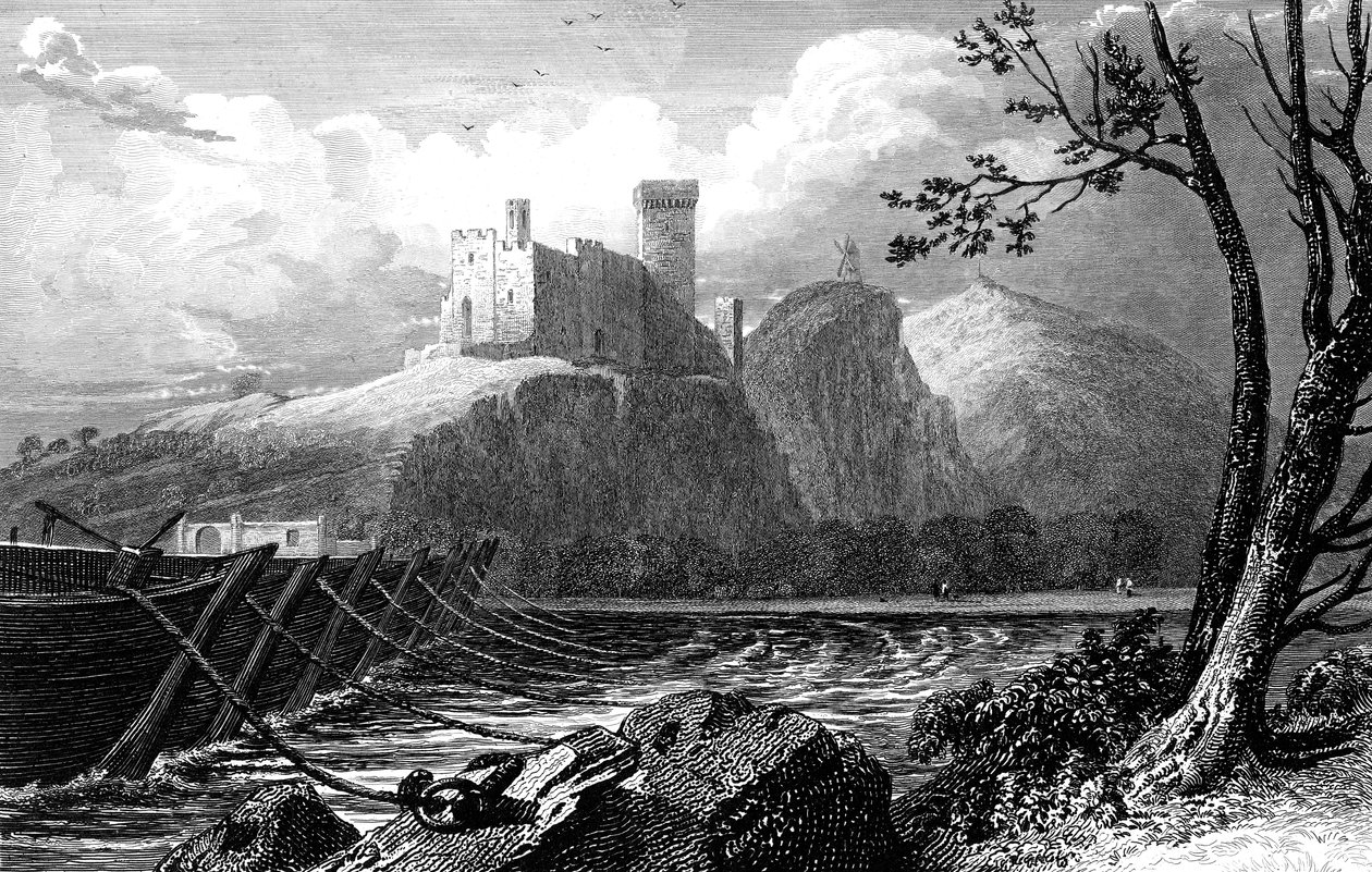 Slottet i Beaucaire og en bro med båter over Rhône, Frankrike, 1824. av William Bernard Cooke