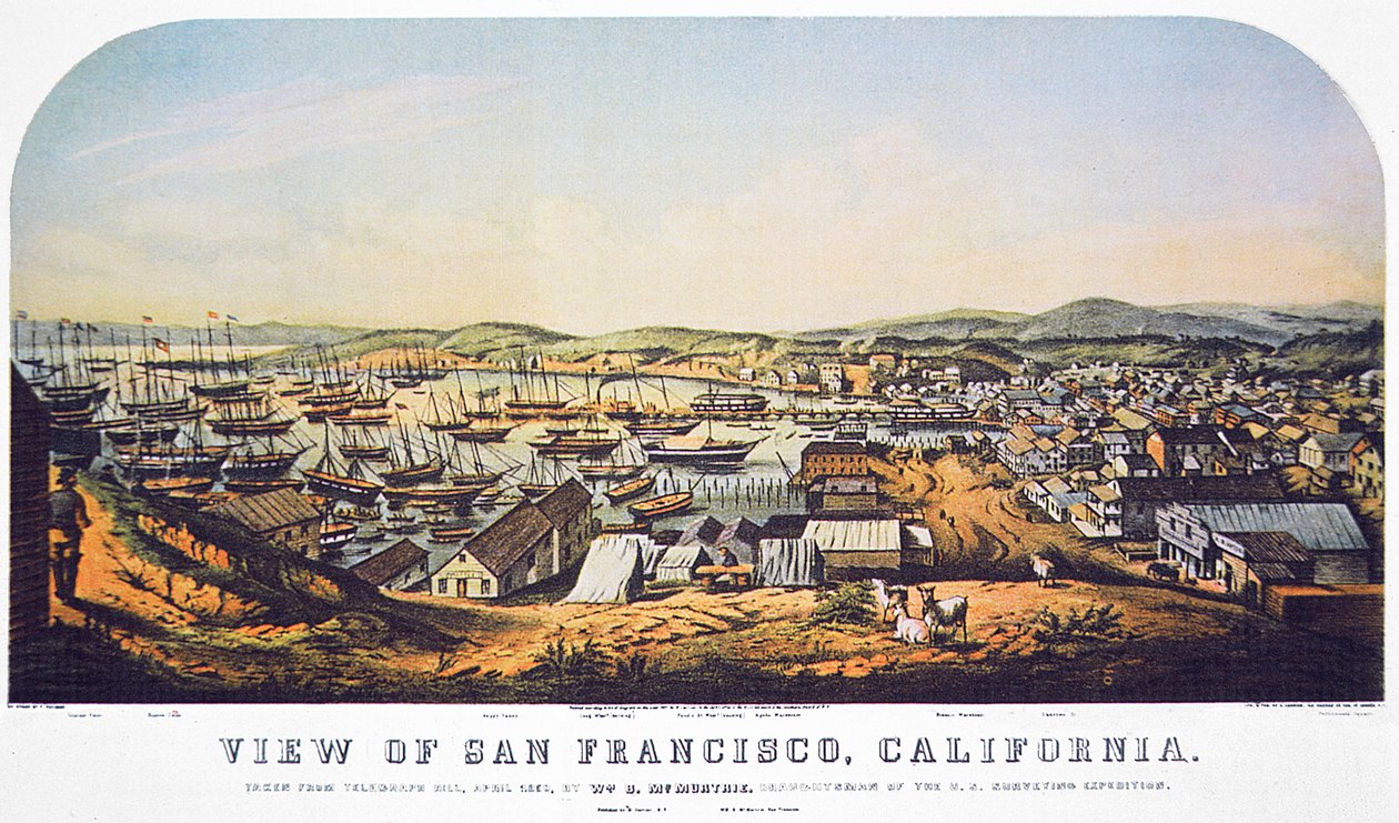 Utsikt over San Francisco, California, fra Telegraph Hill, april 1850 (farge litho) av William Birch McMurtrie