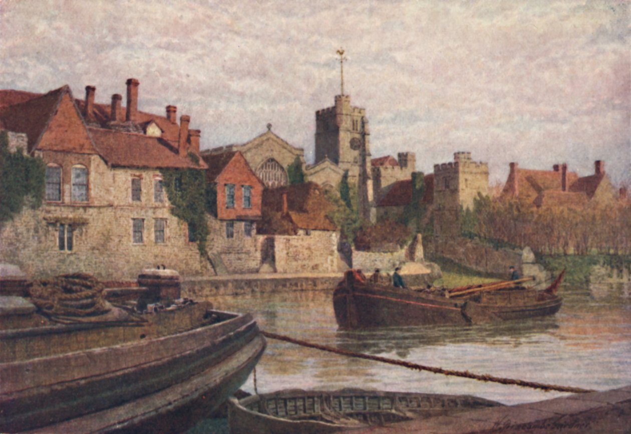 Maidstone. Baksiden av det gamle palasset, kirken og Old College fra andre siden av Medway, c1900 av William Biscombe Gardner