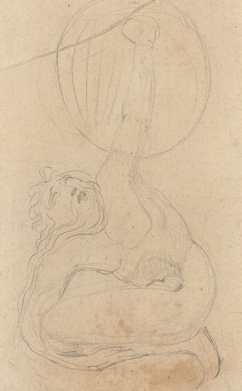 En hukende figur som holder et skjold [verso] av William Blake