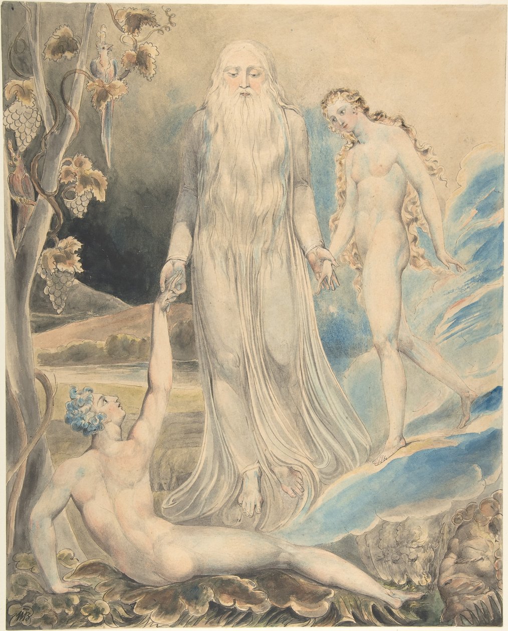 Engelen fra det guddommelige nærvær som fører Eva til Adam (Evas skapelse: «Og hun skal kalles kvinne») (recto); skisse til samme motiv (verso) av William Blake