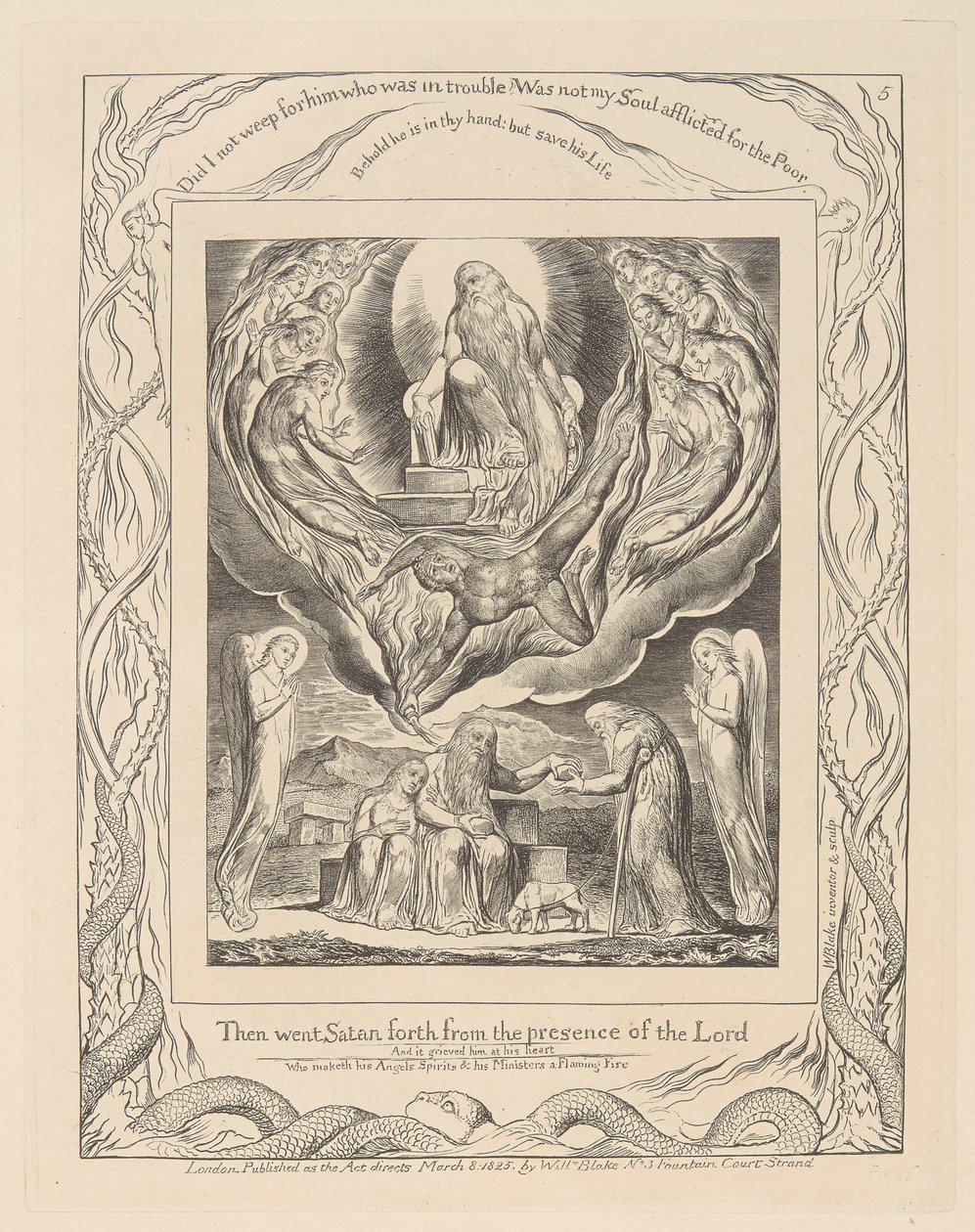 Jobs bok, plate 5, Satan går ut fra Herrens nærvær og Jobs nestekjærlighet av William Blake