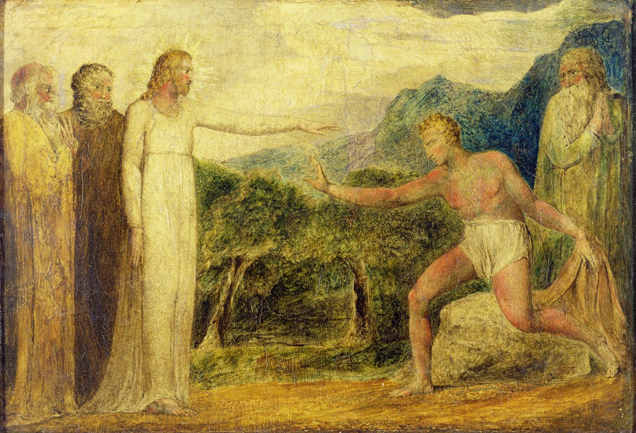 Kristus gir Bartimaeus syn (tempera med penn og blekk på lerret) av William Blake