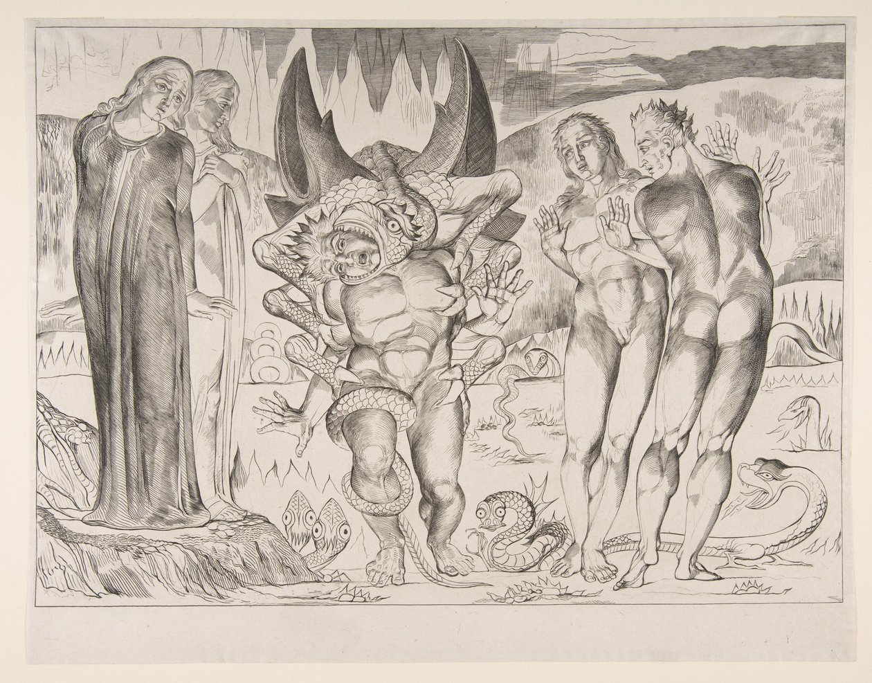 Circle of Thieves: Agnello Brunelleschi angrepet av en seksfots slange, fra Dan..., ca. 1825-27. av William Blake