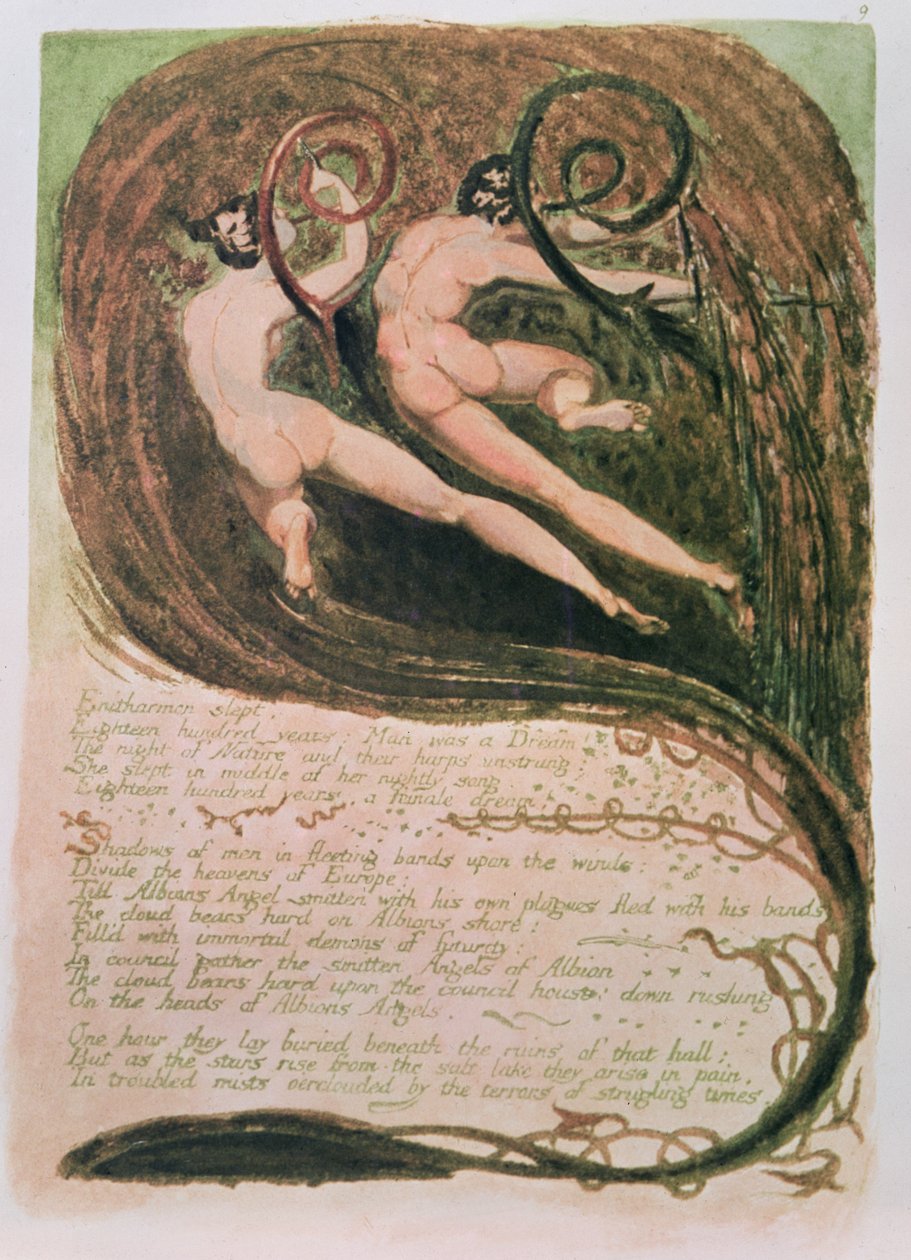 Europa en profeti; Entharmon sov, Mildews Blighting Ears of Corn, ca. 1794 (relieff etsing, wc) av William Blake