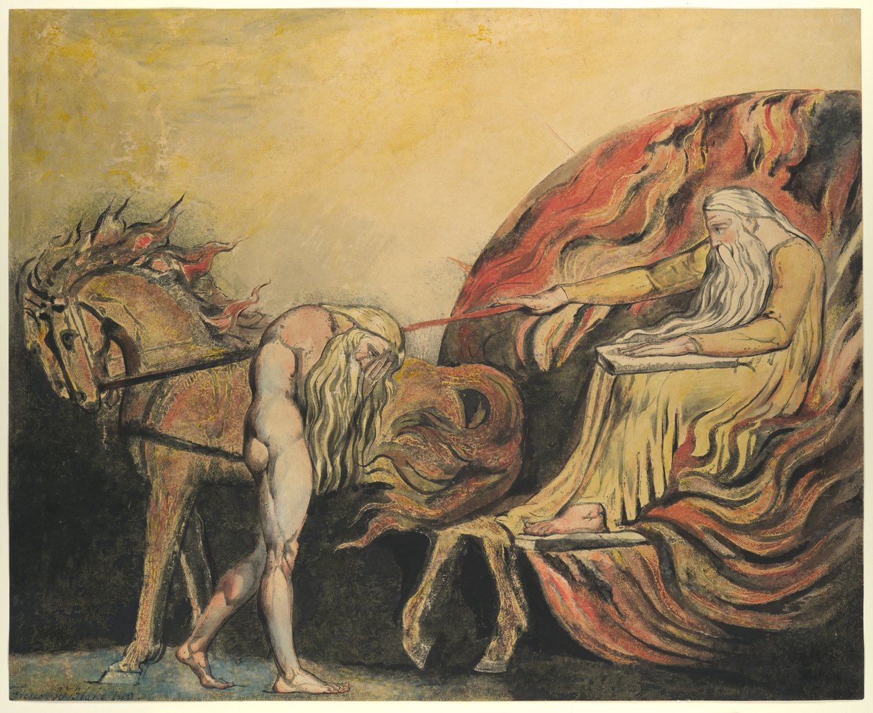 God Judging Adam, ca. 1795 (farget etsning med penn, blekk og akvarell) av William Blake