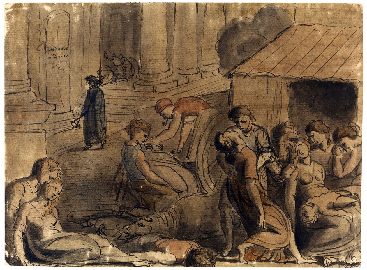 Great Plague of London av William Blake (1757-1827), ca. 1779 - Akvarell, hvit farge, svart kritt på papir av William Blake
