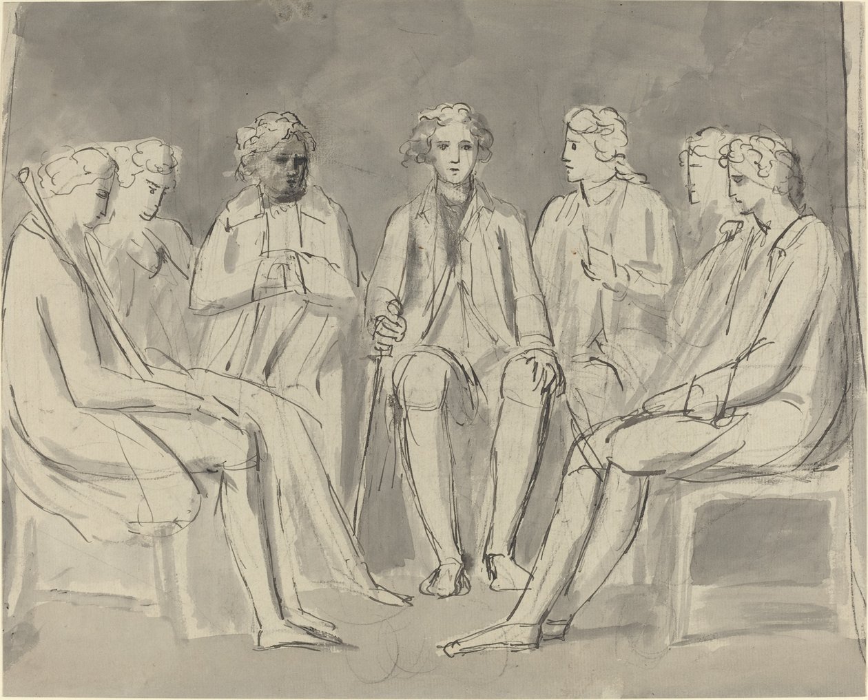 Gruppe menn som sitter i en sirkel [recto] av William Blake