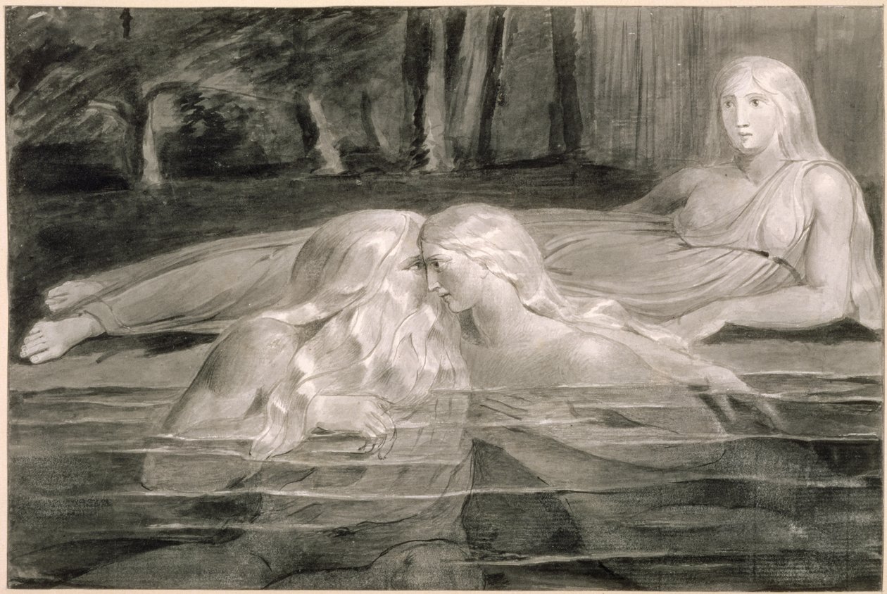 Har and Heva Bathing, Mnetha Looking On, ca. 1785-89 (pensel, blekk og vask på papir) av William Blake