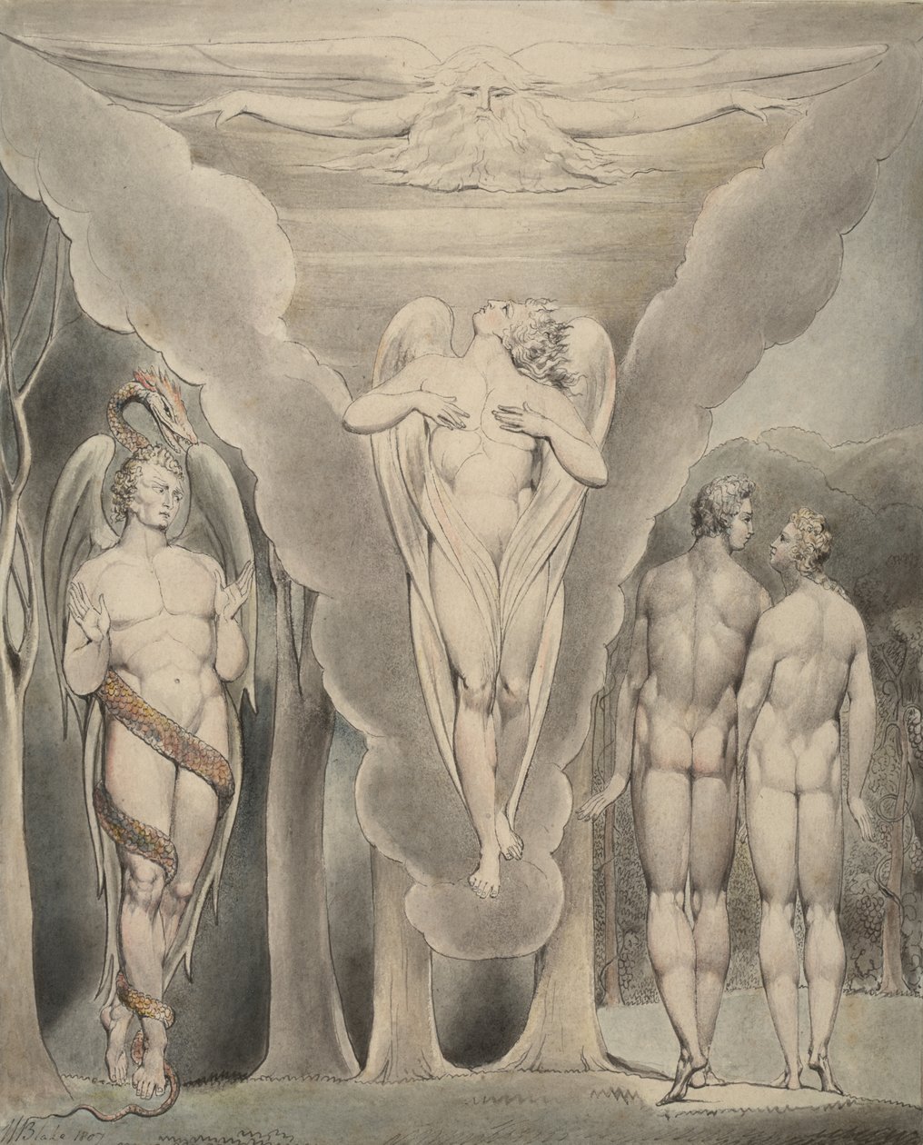 Illustrasjon 4 til Miltons "Paradise Lost": Satan spionerer på Adam og Eva og Raphaels nedstigning til paradis, 1807 av William Blake