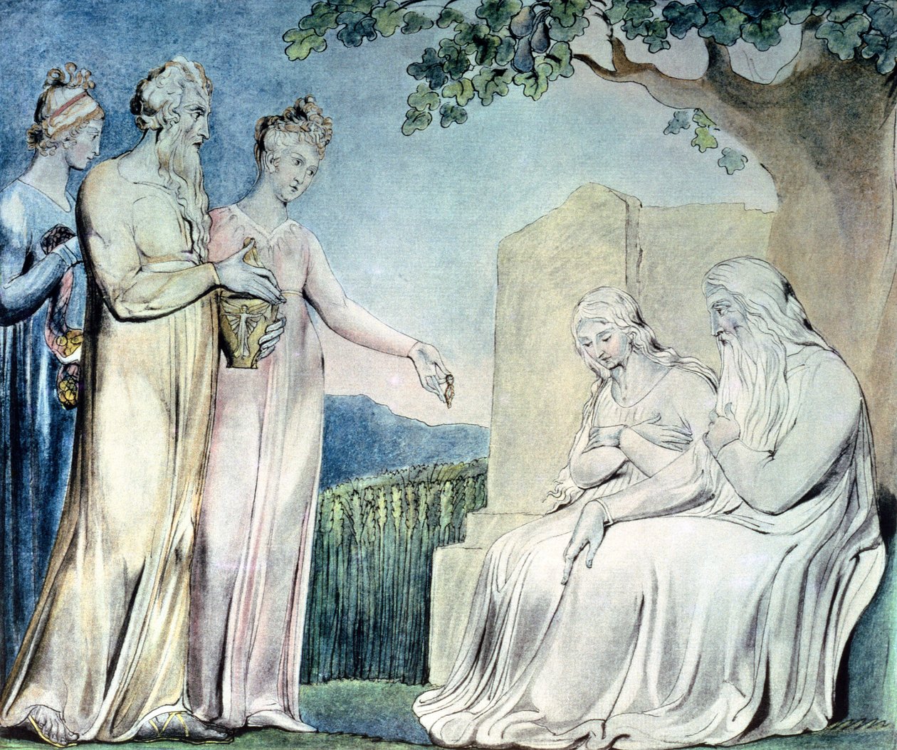 Illustrasjoner av Jobs bok; Job accepting Charity, 1825 (penn, wc og blyant) av William Blake