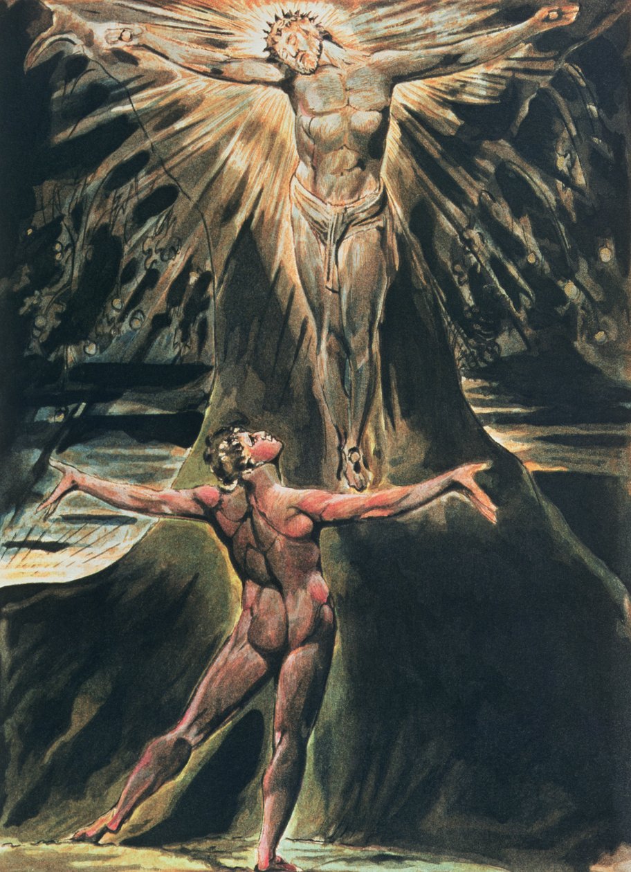 Jerusalem Utstrålingen til den gigantiske albion; plate 76 Albion før Kristus korsfestet på kunnskapens tre og godt og ondt, 1804-20 (relieff-etsning ferdig med wc) av William Blake