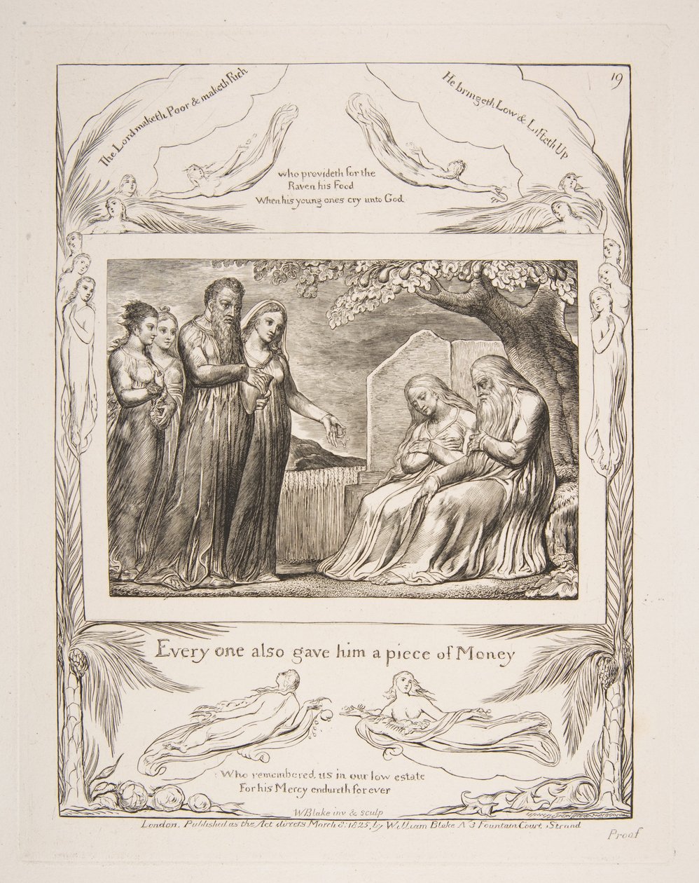 Job aksepterer veldedighet, fra illustrasjoner av Jobs bok, 1825-26. av William Blake