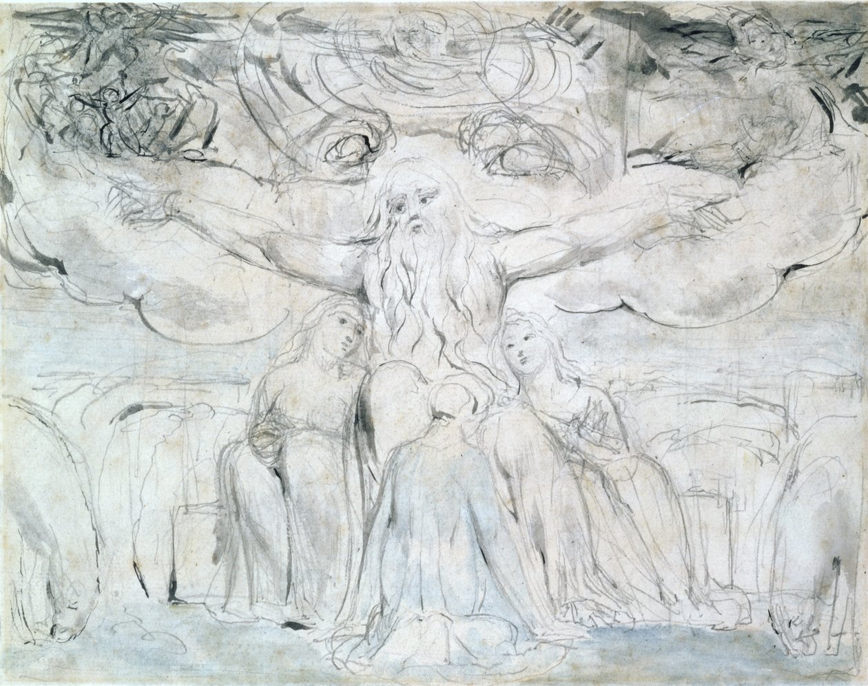 Job og hans døtre (blyant, penn og grått blekk) av William Blake
