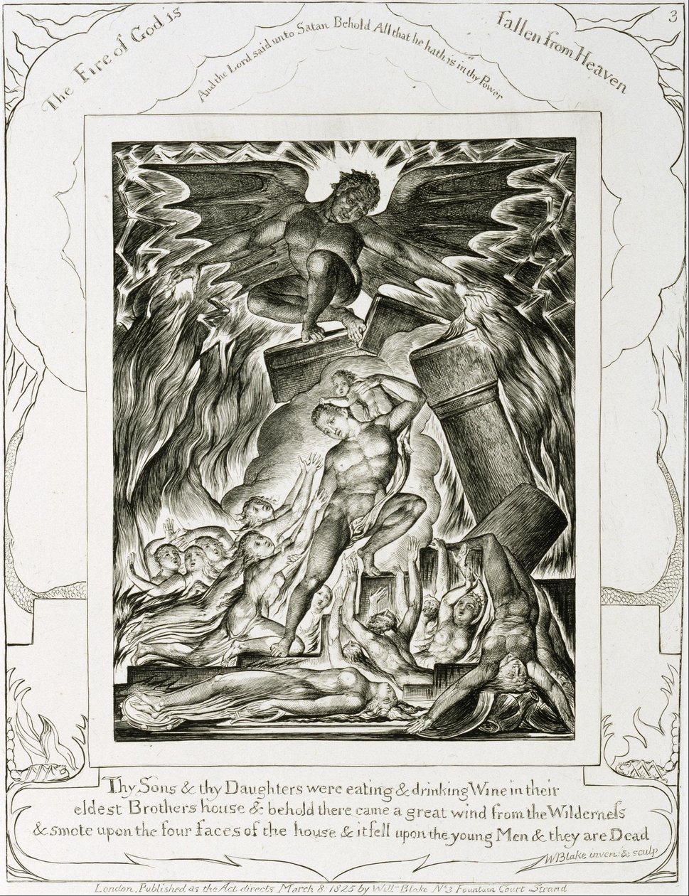 Jobs sønner og døtre overveldet av Satan av William Blake
