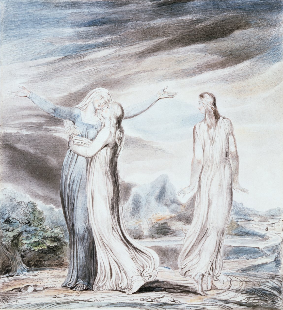 Noomi ber Rut og Orpa om å vende tilbake til Moabs land av William Blake